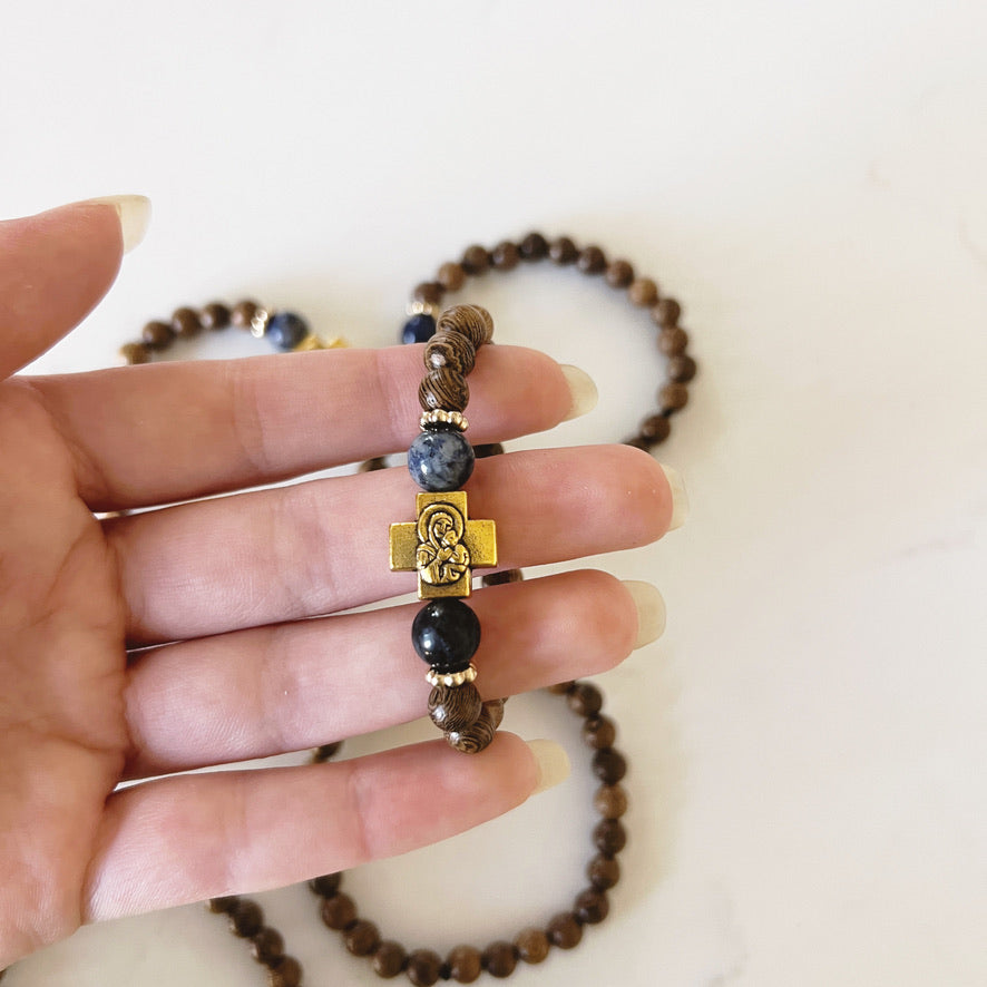 Bracelet de prière en bois de wengé, 33 perles et perles d'espacement lavande