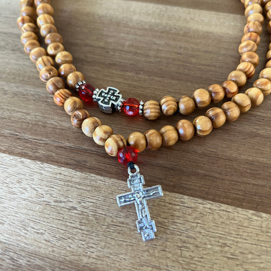 100 Knot Light Brown Beaded Prayer Rope with Red and Silver Spacers