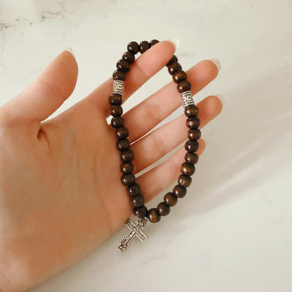 Orthodox 33 Bead Brown Wooden Prayer Bracelet with Silver Spacers & Crucifix – Handmade