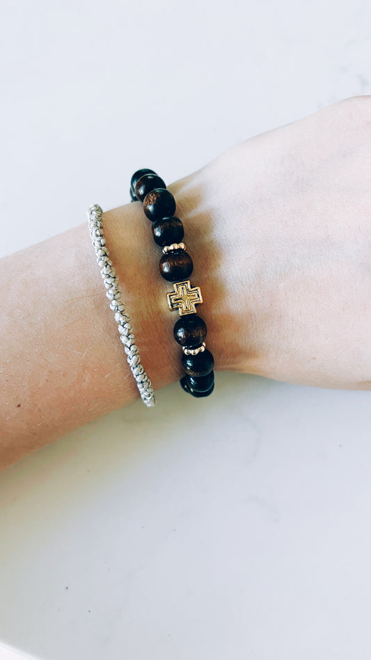 Dark Wooden Prayer Bracelet with Gold Cross