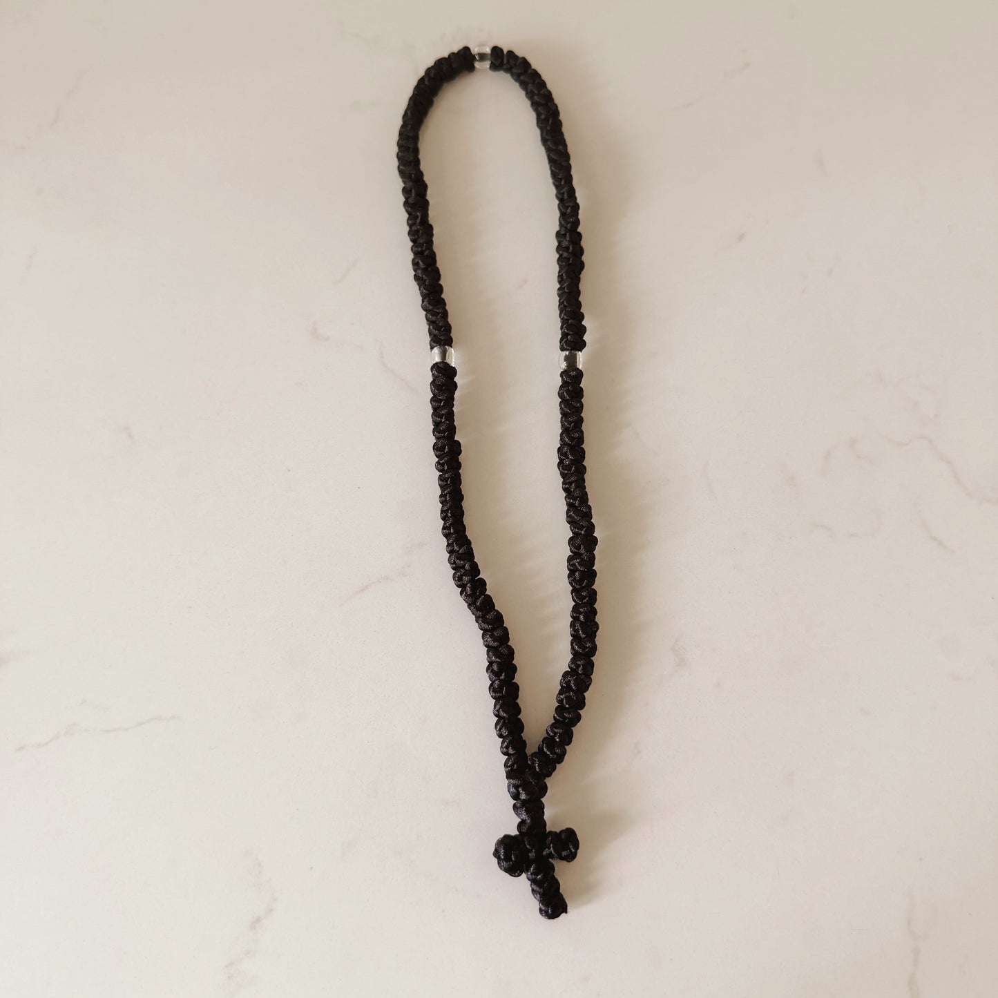 Black Paracord 100 Knot Prayer Bracelet with Clear Spacers – Handmade Orthodox Prayer Rope