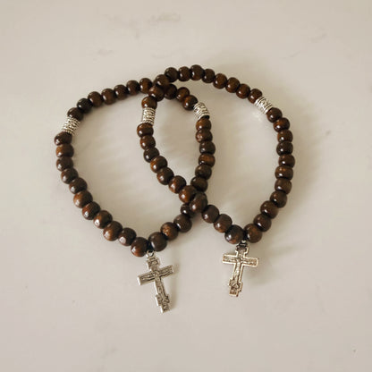 Orthodox 33 Bead Brown Wooden Prayer Bracelet with Silver Spacers & Crucifix – Handmade