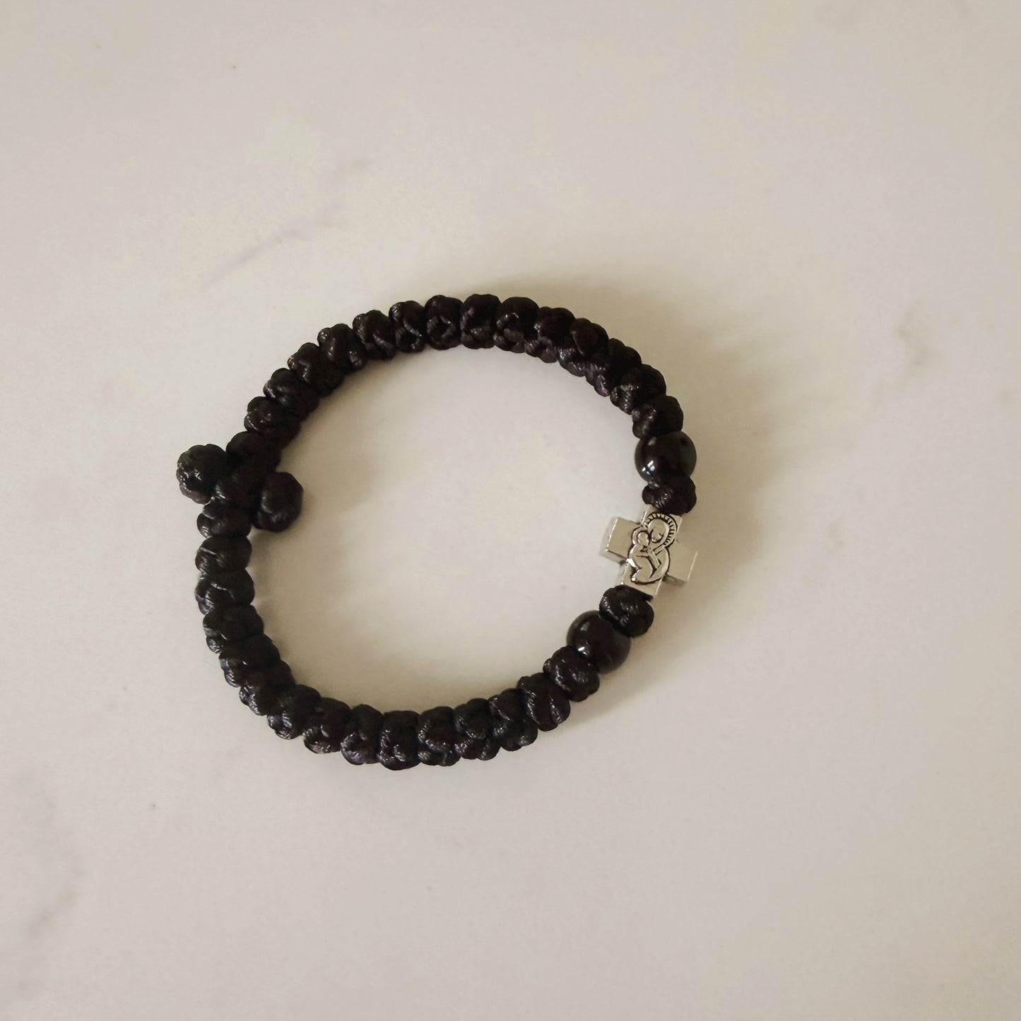 Black Cord 33 Knot Prayer Bracelet with Silver Cross Spacers & Black Beads – Handmade Orthodox Prayer Rope