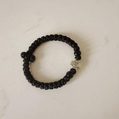Black Cord 33 Knot Prayer Bracelet with Silver Cross Spacers & Black Beads – Handmade Orthodox Prayer Rope