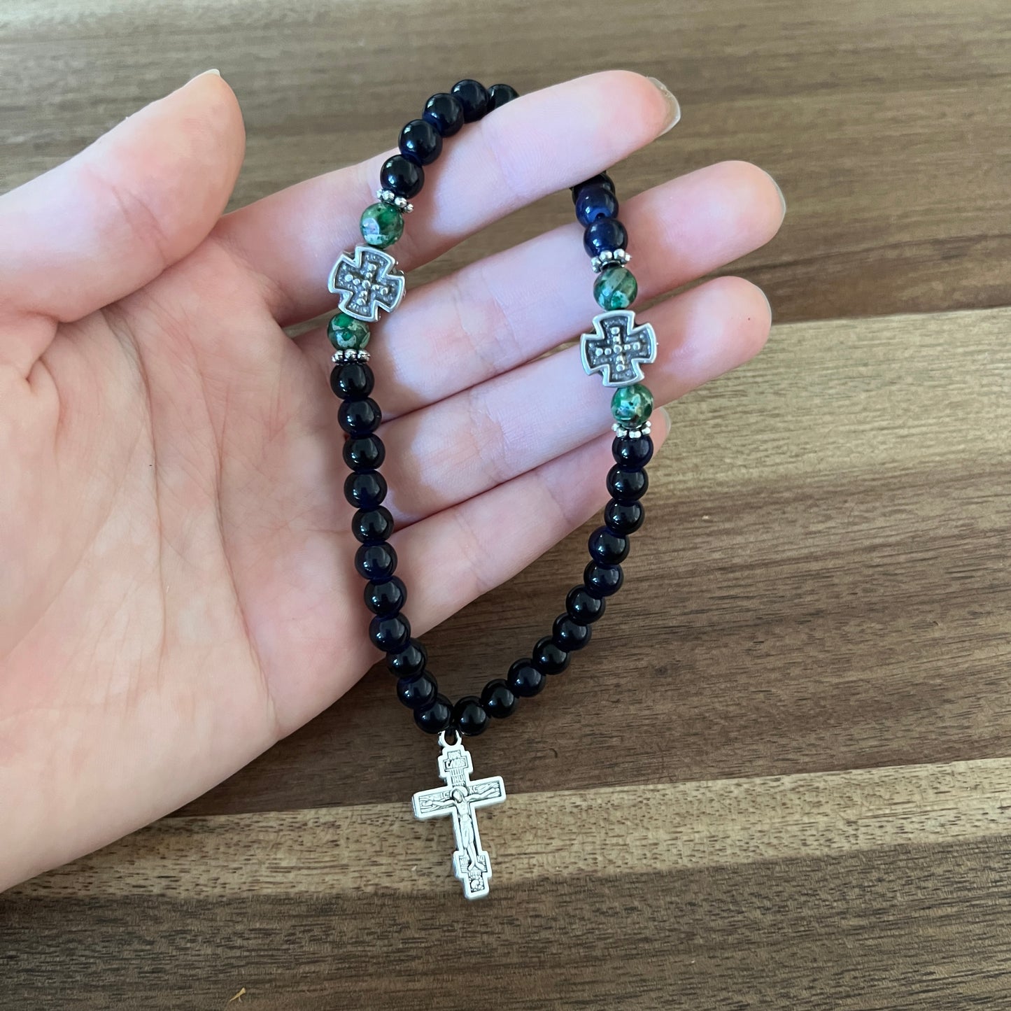 33 Bead Jade Navy Blue Prayer Rope with Marble Green and Silver Spacers