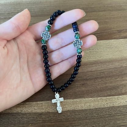 33 Bead Jade Navy Blue Prayer Rope with Marble Green and Silver Spacers