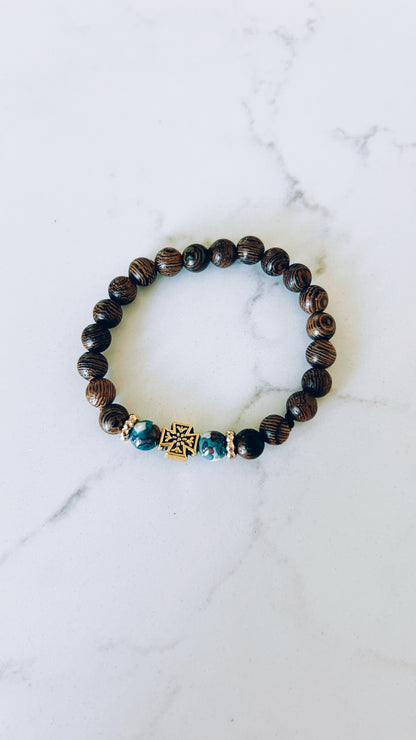 Brown Prayer Bracelet with Blue and Gold Spacers