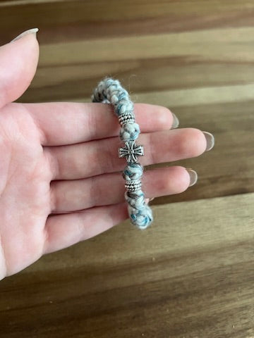 White and Blue Marbled Wool 33 Knot Prayer Bracelet