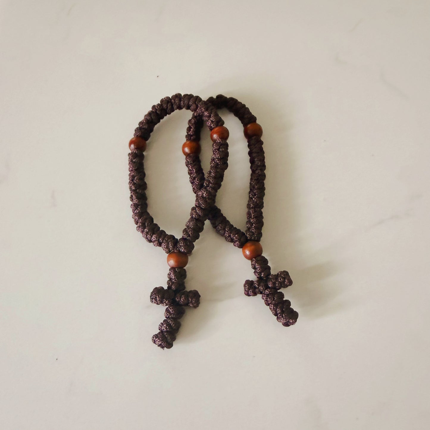 Brown Paracord 33 Knot Prayer Bracelet with Brown Beads & Hanging Cross – Handmade Orthodox Prayer Rope