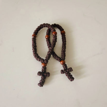 Brown Paracord 33 Knot Prayer Bracelet with Brown Beads & Hanging Cross – Handmade Orthodox Prayer Rope