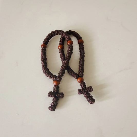 Brown Paracord 33 Knot Prayer Bracelet with Brown Beads & Hanging Cross – Handmade Orthodox Prayer Rope