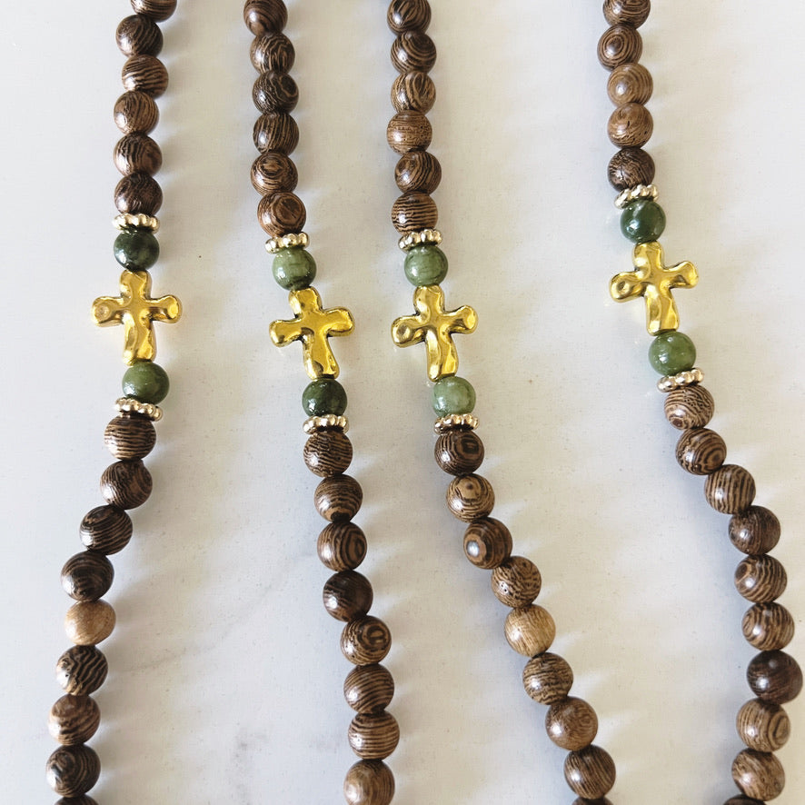 Bracelet de prière en ébène à 75 perles avec entretoises en or et croix émaillée noire
