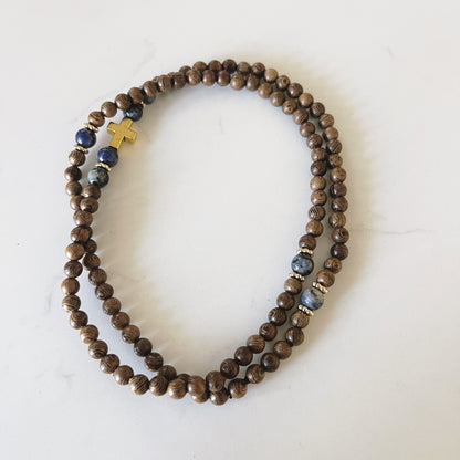 Orthodox Prayer Bracelet - 100 Bead Infinity Beige Wood with Blue & Gold Spacers