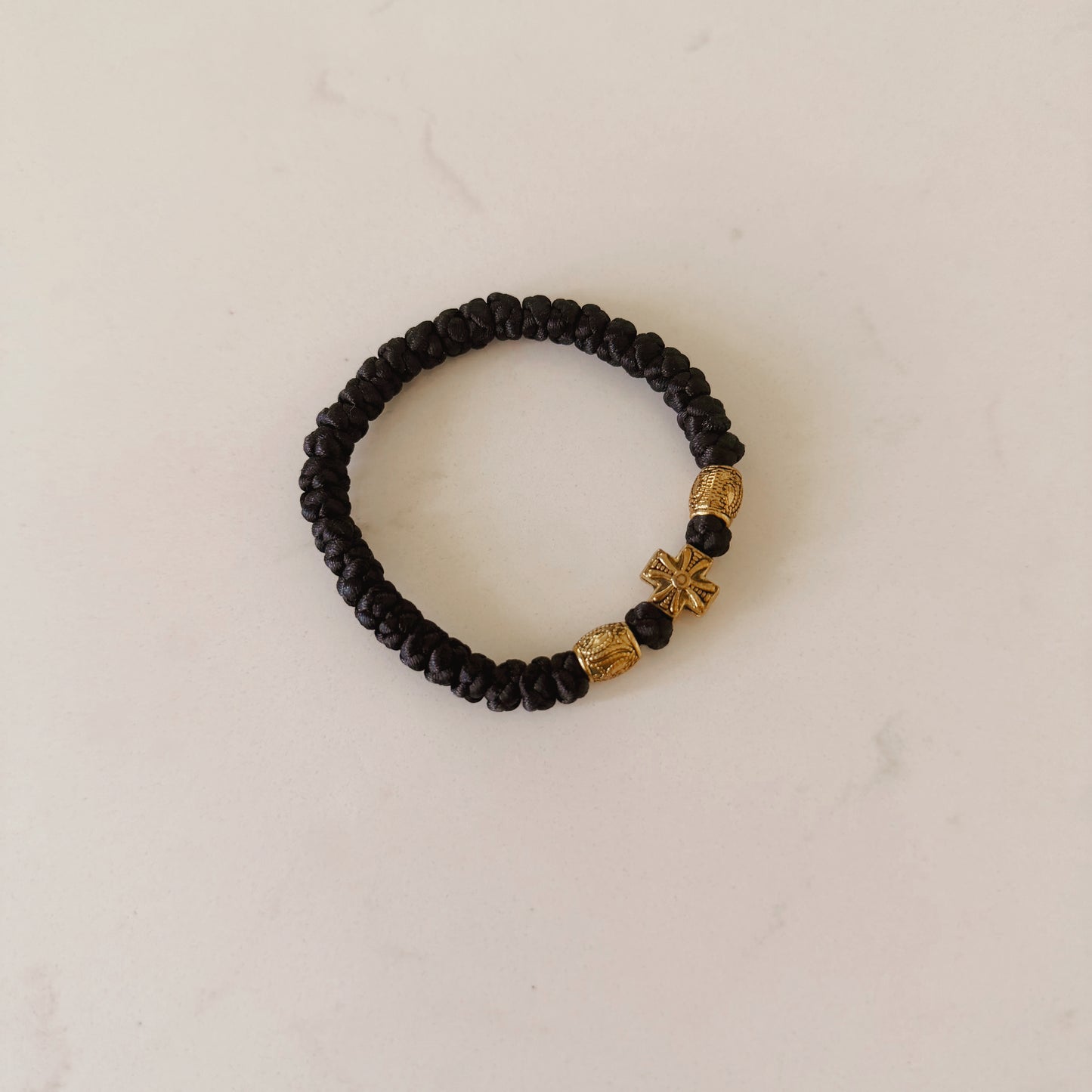 Black Cord 33 Knot Prayer Bracelet with Gold Spacers – Handmade Orthodox Prayer Rope