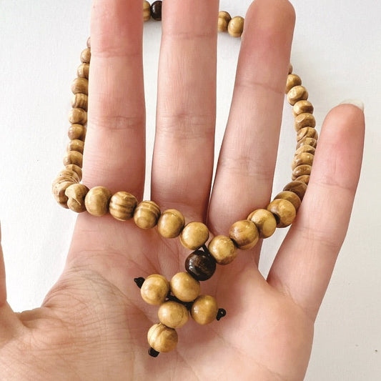 Wooden 50 Bead Prayer Bracelet with Beaded Cross