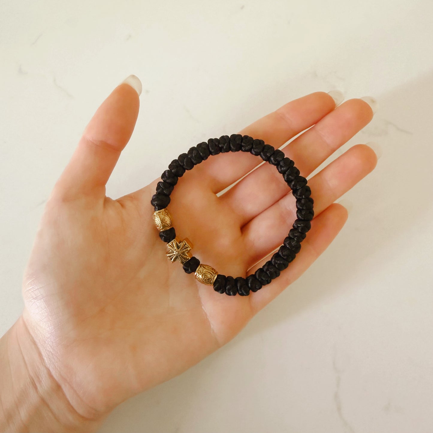 Black Cord 33 Knot Prayer Bracelet with Gold Spacers – Handmade Orthodox Prayer Rope