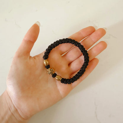 Black Cord 33 Knot Prayer Bracelet with Gold Spacers – Handmade Orthodox Prayer Rope