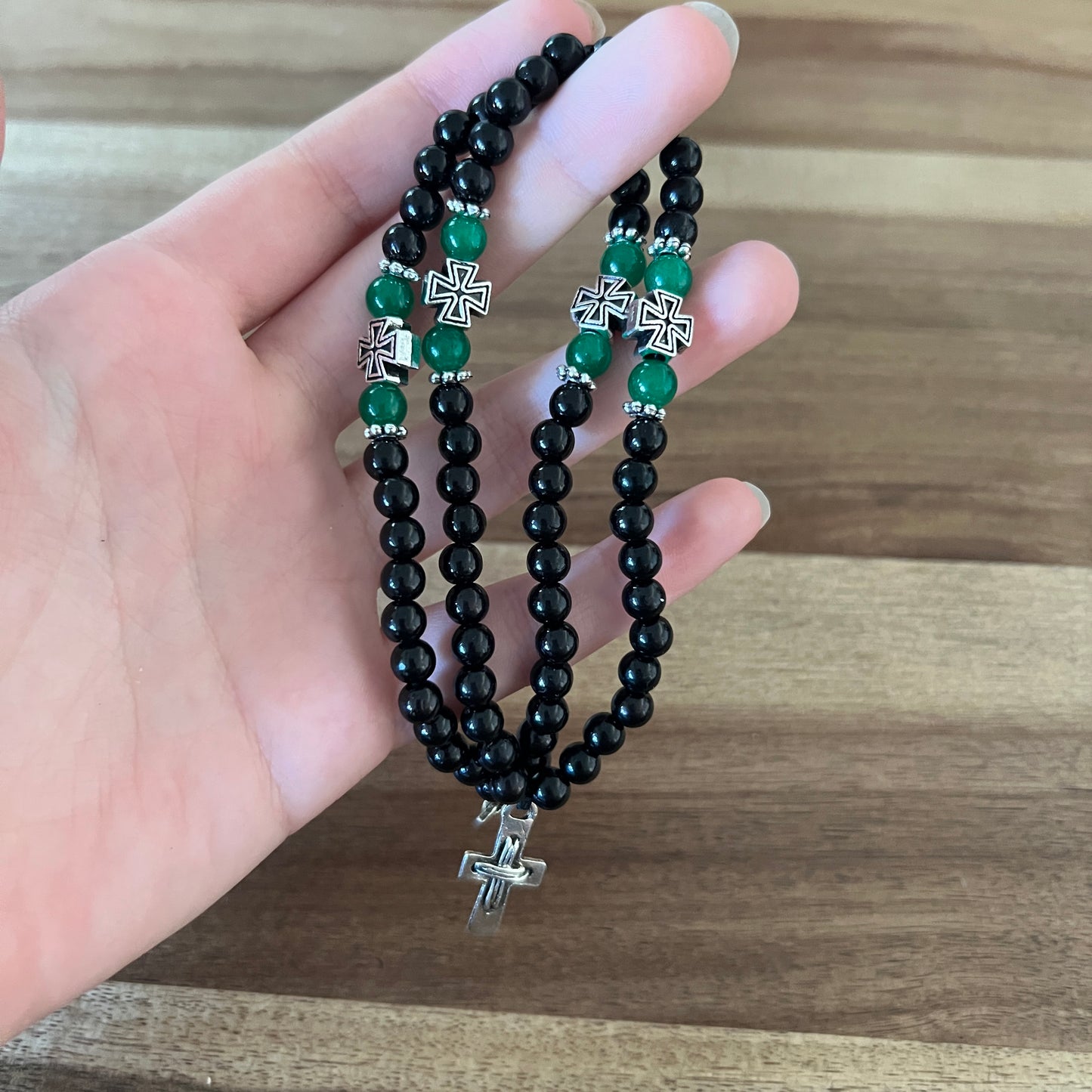 33 Bead Black Prayer Rope with Green and Silver Spacers