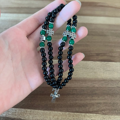 33 Bead Black Prayer Rope with Green and Silver Spacers