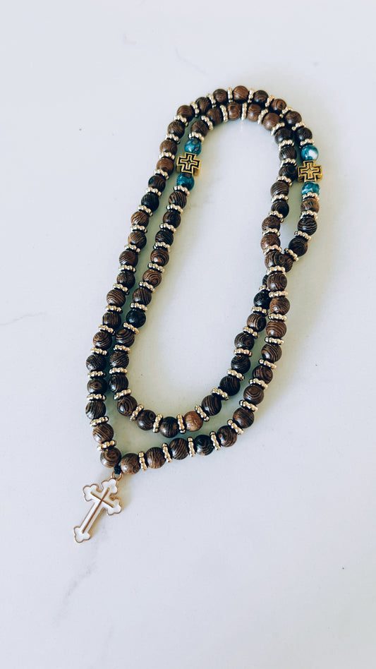 Wenge Wooden 75 Bead Prayer Bracelet with Blue and Gold Spacers
