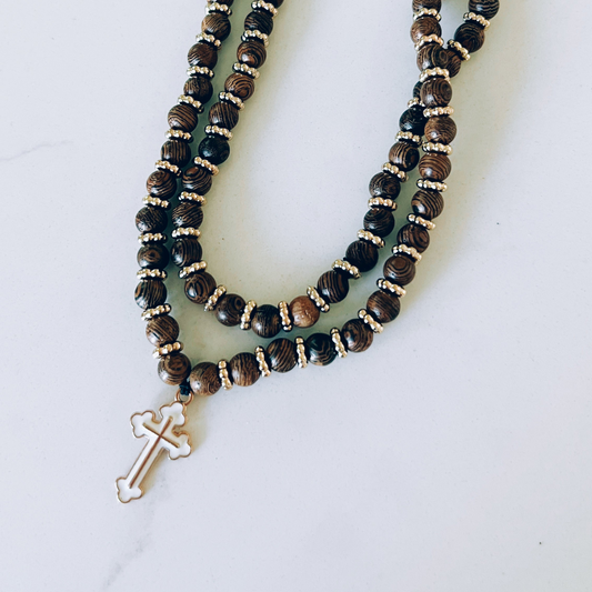 Wenge Wooden 75 Bead Prayer Bracelet with Blue and Gold Spacers