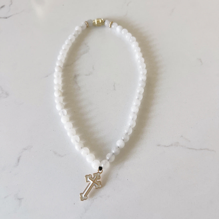 Orthodox 50 Bead White Stone Prayer Bracelet with Gold Spacers & White Enamel Cross