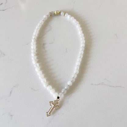 Orthodox 50 Bead White Stone Prayer Bracelet with Gold Spacers & White Enamel Cross