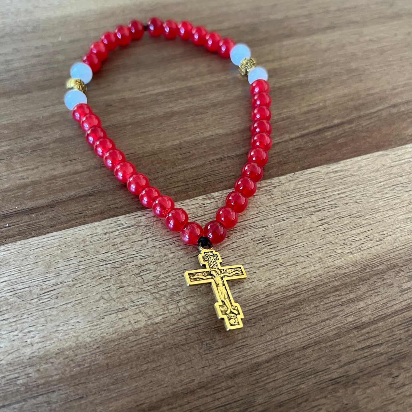 33 Red Jade Bead Prayer Rope with Gold and White Spacers