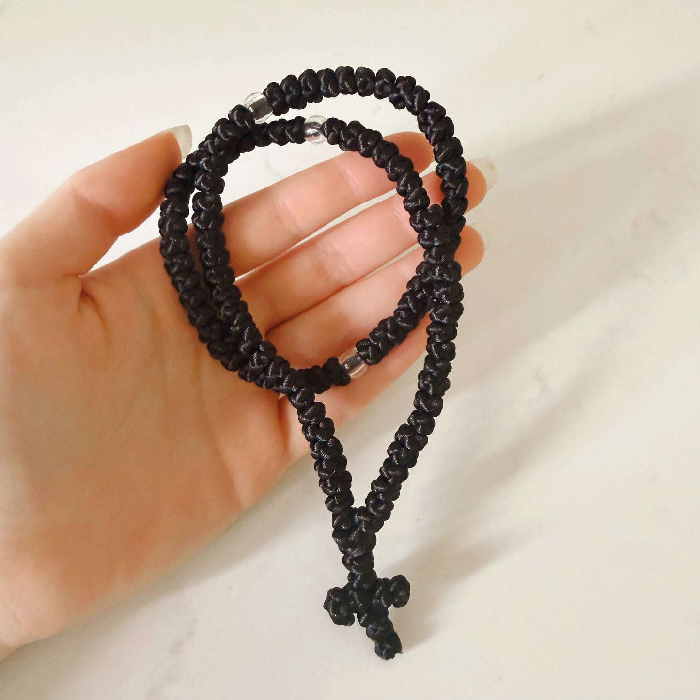 Black Paracord 100 Knot Prayer Bracelet with Clear Spacers – Handmade Orthodox Prayer Rope