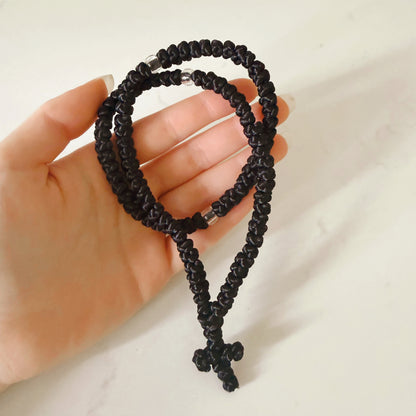 Black Paracord 100 Knot Prayer Bracelet with Clear Spacers – Handmade Orthodox Prayer Rope