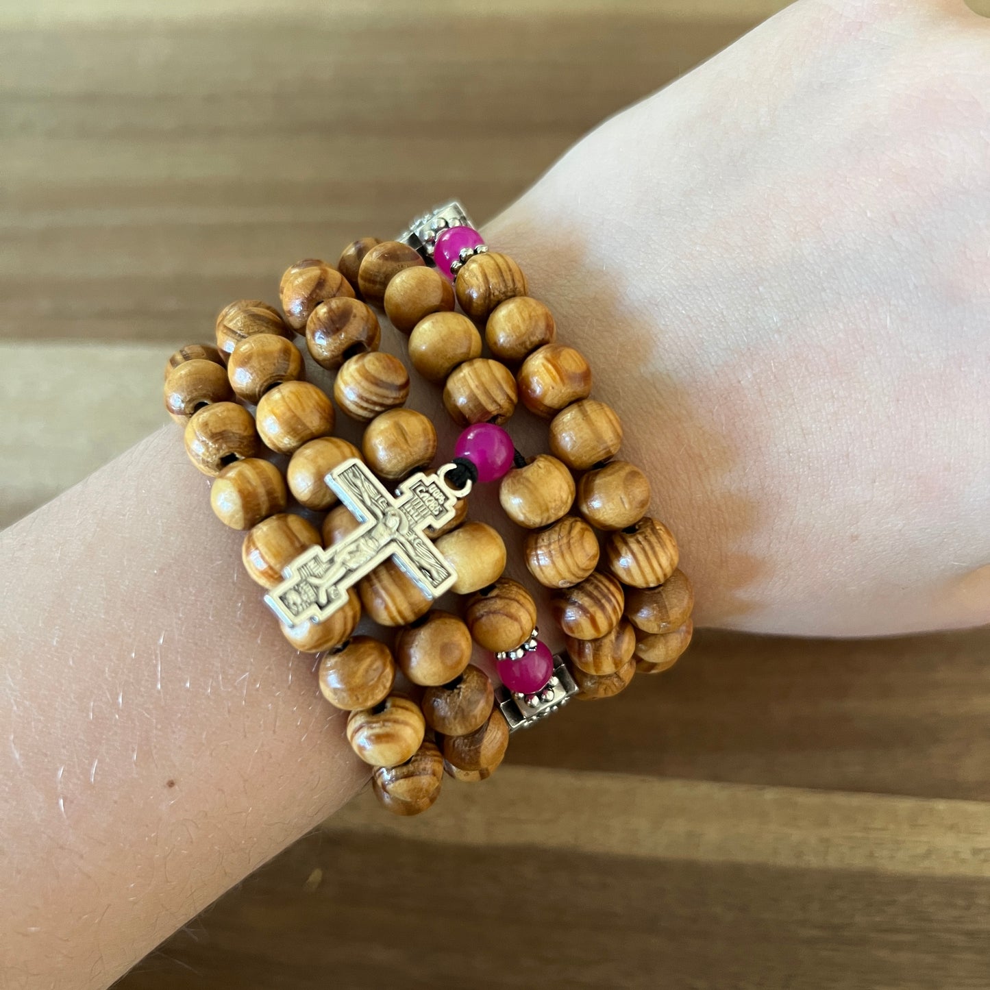 100 Knot Light Brown Beaded Prayer Rope with Pink and Silver Spacers