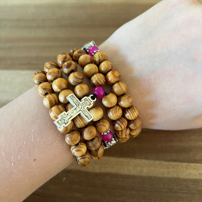 100 Knot Light Brown Beaded Prayer Rope with Pink and Silver Spacers