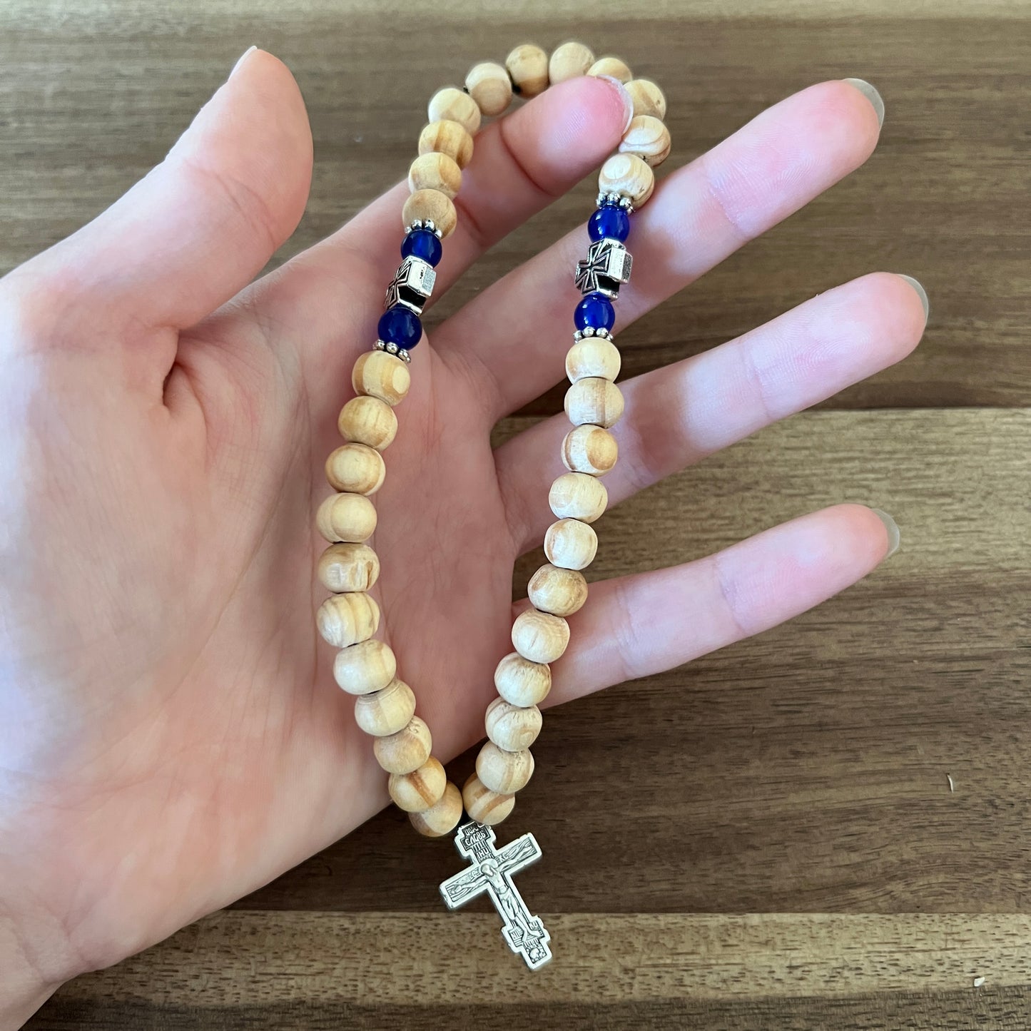 33 Bead Light Beige Prayer Rope with Dark Blue and Silver Spacers