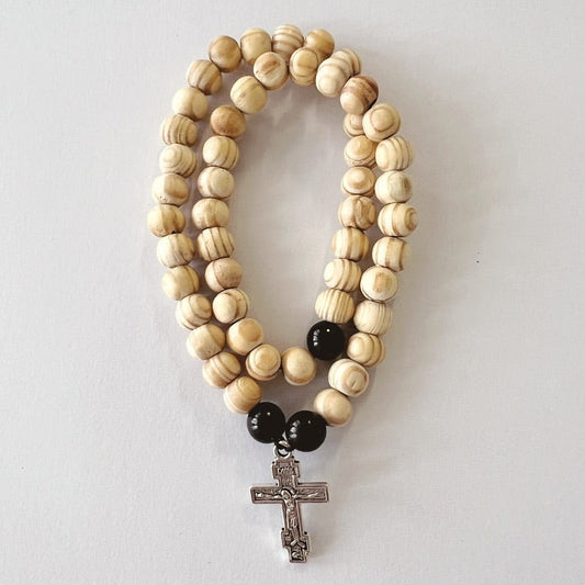 Wooden 50 Bead Prayer Bracelet with Metal Orthodox Cross