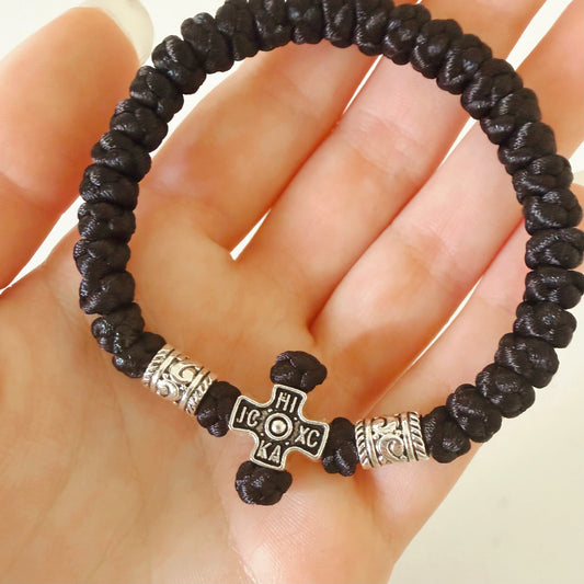 Black Cord 33 Knot Prayer Bracelet with Silver Spacers – Handmade Orthodox Prayer Rope
