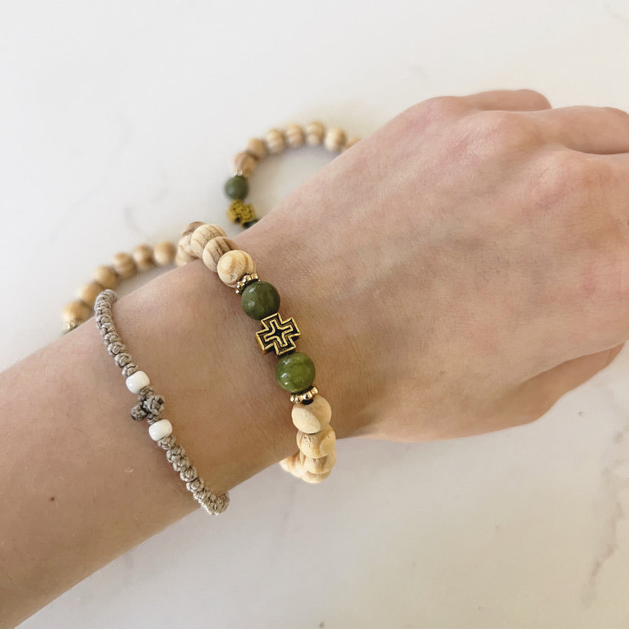 Bracelet de prière en bois de wengé, 33 perles et perles d'espacement lavande