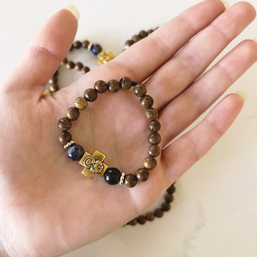 Bracelet de prière en bois de wengé, 33 perles et perles d'espacement lavande