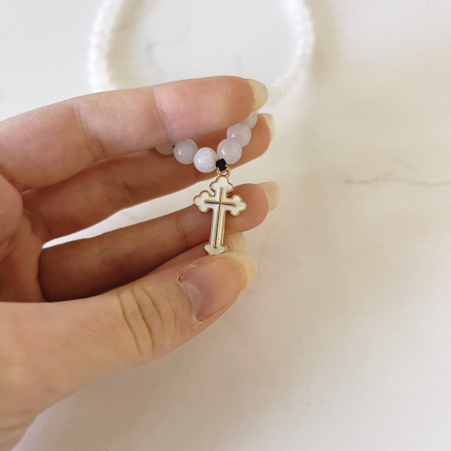 Orthodox 50 Bead White Stone Prayer Bracelet with Gold Spacers & White Enamel Cross