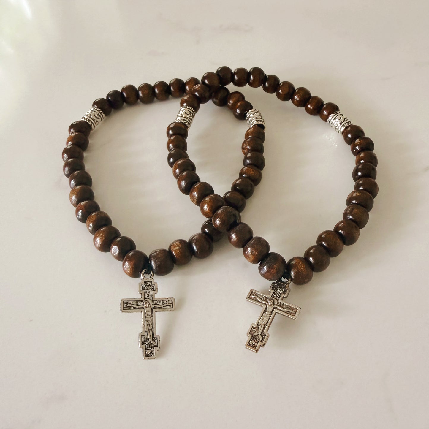 Orthodox 33 Bead Brown Wooden Prayer Bracelet with Silver Spacers & Crucifix – Handmade