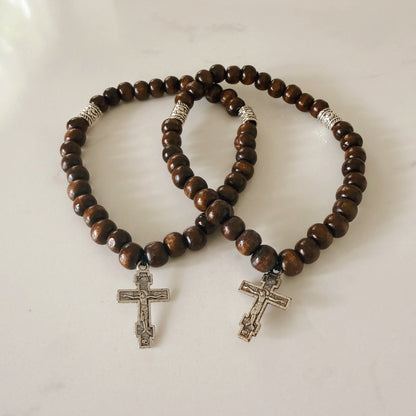 Orthodox 33 Bead Brown Wooden Prayer Bracelet with Silver Spacers & Crucifix – Handmade