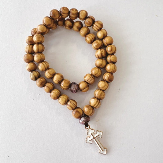 Wooden 50 Bead Prayer Bracelet with Lavendar Spacer Beads