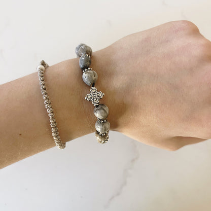 Pulsera de oración de 33 cuentas de madera de wengué con cuentas espaciadoras de lavanda