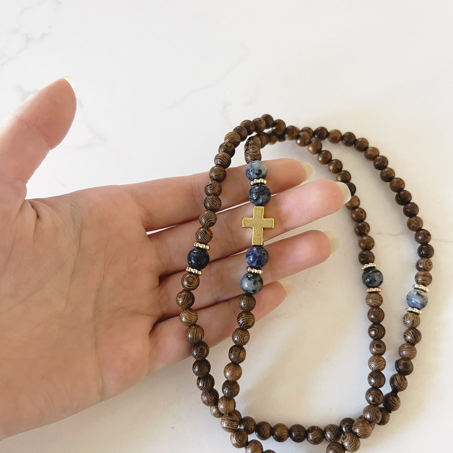 Orthodox Prayer Bracelet - 100 Bead Infinity Beige Wood with Blue & Gold Spacers