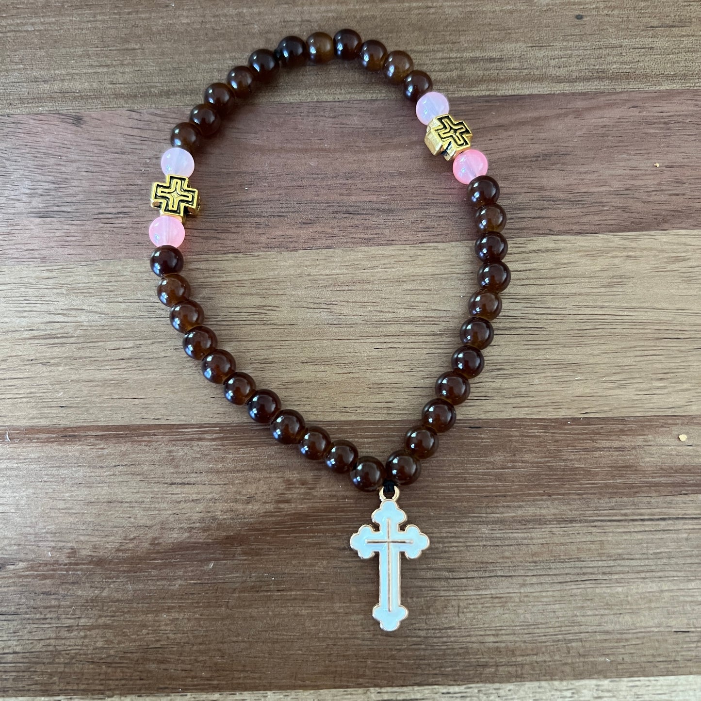 33 Bead Brown Prayer Rope with Gold and Pink Spacers
