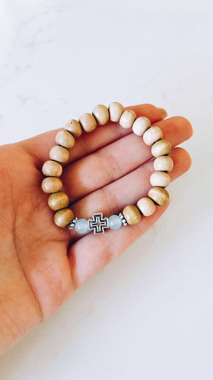 Light Wooden Prayer Bracelet with Silver and Blue Spacers