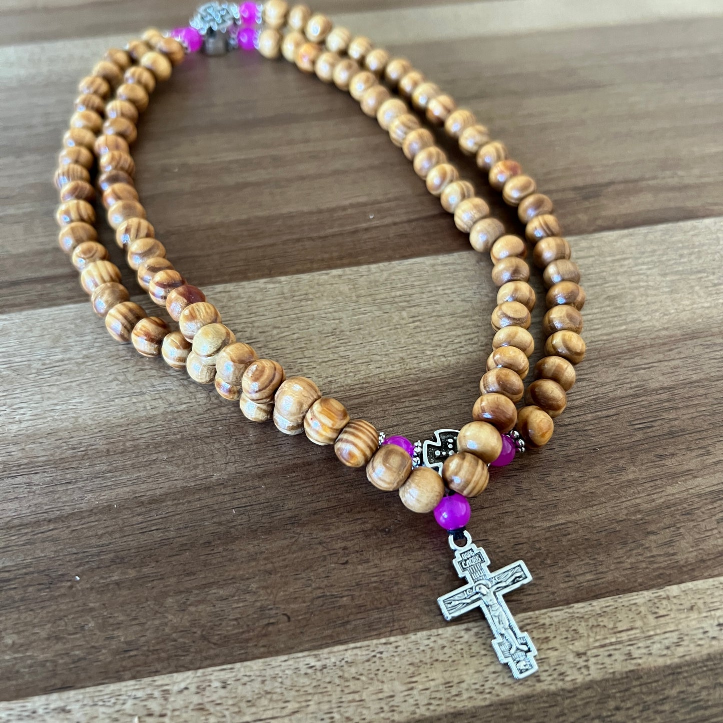 100 Knot Light Brown Beaded Prayer Rope with Pink and Silver Spacers