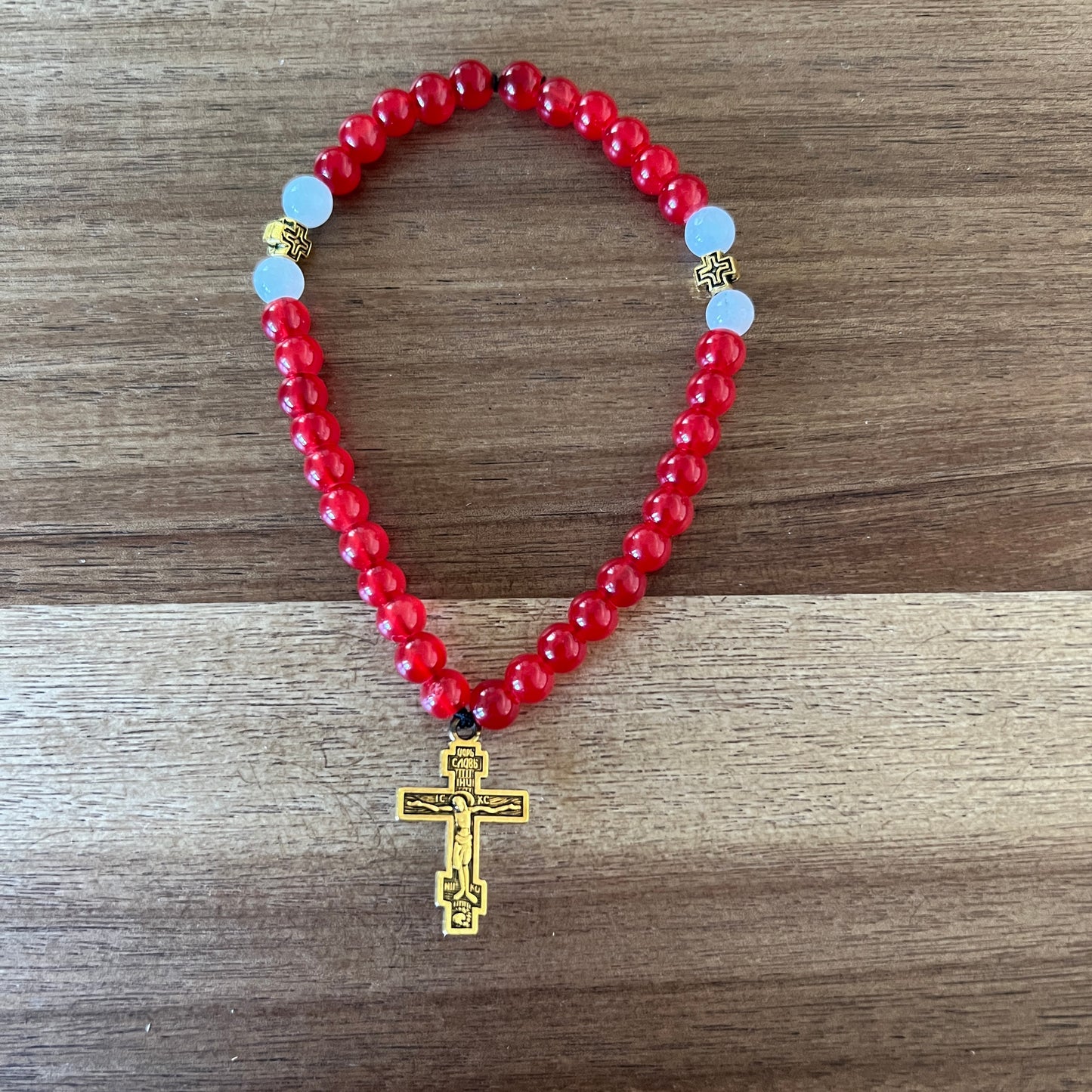 33 Red Jade Bead Prayer Rope with Gold and White Spacers