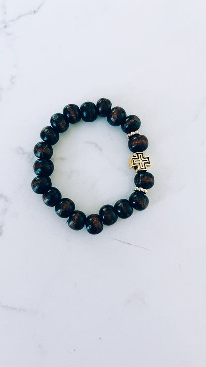 Dark Wooden Prayer Bracelet with Gold Cross