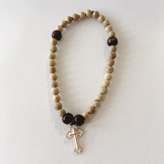 Wooden 33 Bead Prayer Bracelet with White Enameled Cross