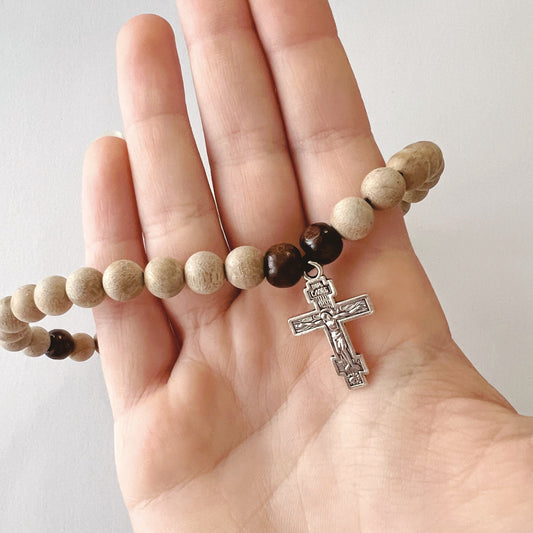 Wooden 33 Bead Prayer Bracelet with Metal Orthodox Crucifix